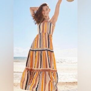 LOFT Yellow Multi Striped Tiered Ruffled Cotton Maxi Sundress Size 6 Petite
